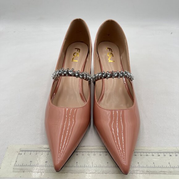 FSJ Nude Cute Slip On Pointed Toe Pumps Low Heels Crystal Mary Jane Shoes - Picture 2 of 7